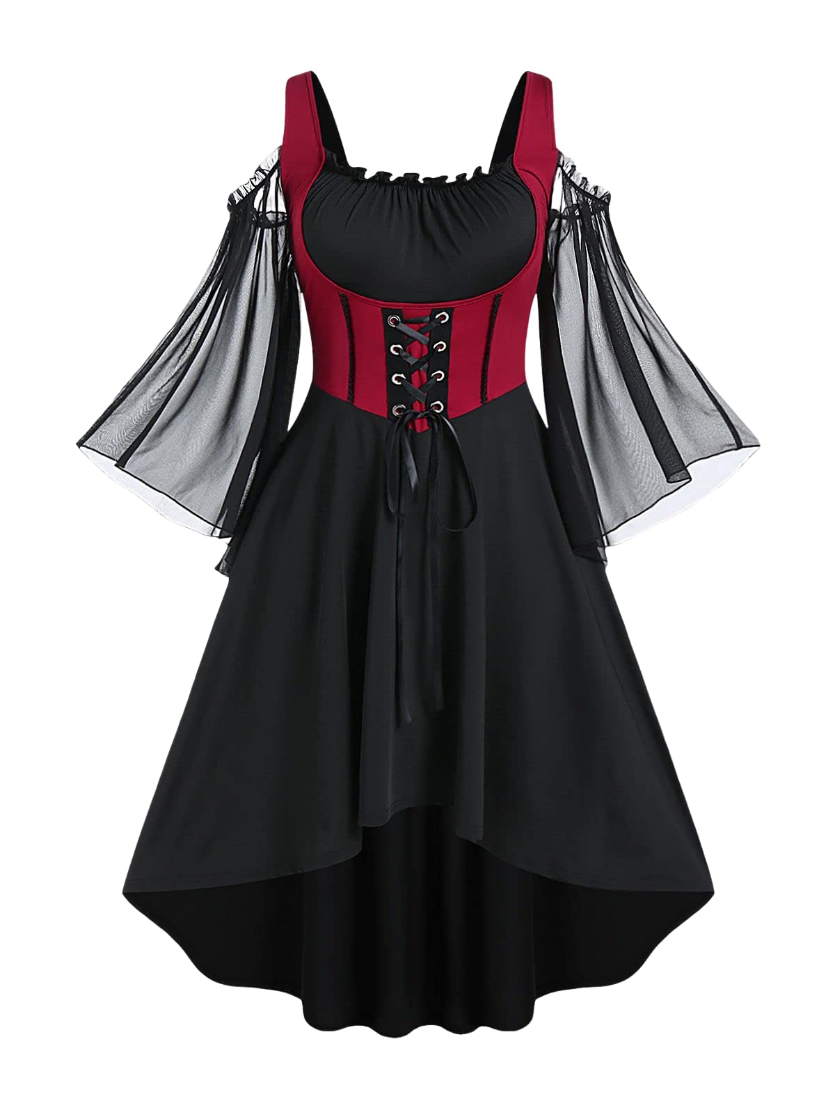 Rosegal Women Plus Size Punk Cold Shoulder Flare Sleeves Lace Up High Low A Line Midi Gothic Dress Renaissance Corset Dress（Black-217/L）