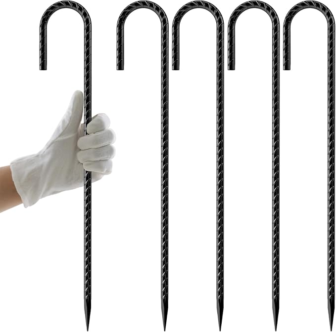 AAGUT Rebar Stakes 12 Inch 5 Pack, J Hook Premium Black Coated Ground Garden Anchors Heavy Duty, Superior Rust Resistance Chain Link Fence Stakes for Camping Tent, Inflatables, Lawn Decor