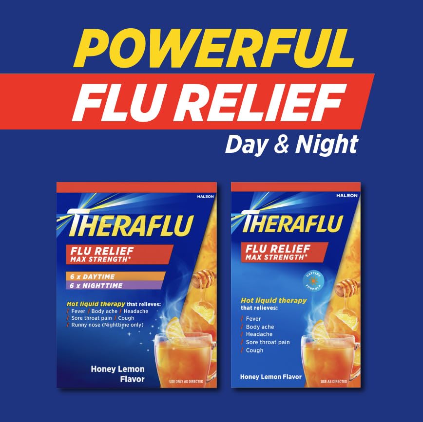 Theraflu Max Strength Daytime & Nighttime Flu Symptom Relief Honey Lemon Flavor Powder & Daytime Flu Symptom Relief Honey Lemon Powder, 6 Daytime + 6 Nighttime, & 6 Honey Lemon Flavor Powder Packets