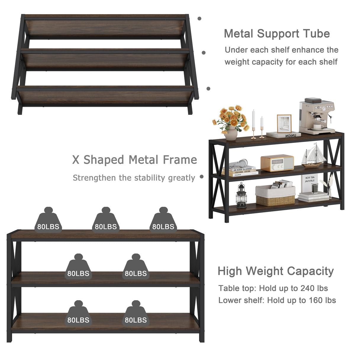 FATORRI Console Table for Entryway, Modern Entry Hallway Table with 3 Tier Shelves, Couch Tables Behind Sofa for Living Room, 55 Inch, Dark Walnut