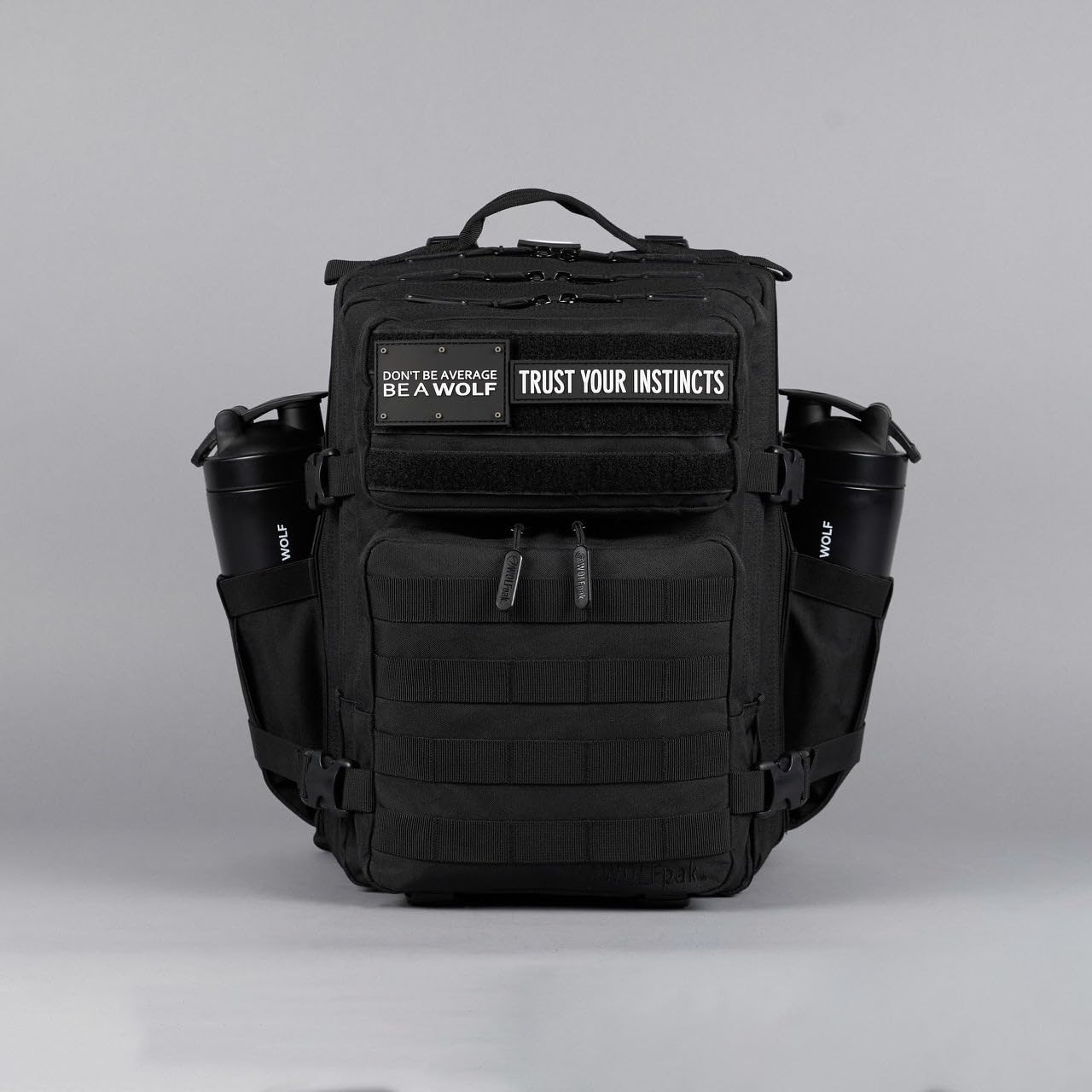 WOLFpak 25L Tactical Gym Backpack (Alpha Black) Durable 1000D Waterproof Oxford Material with MOLLE Webbing, Laptop Pocket & Dual Cup Holders