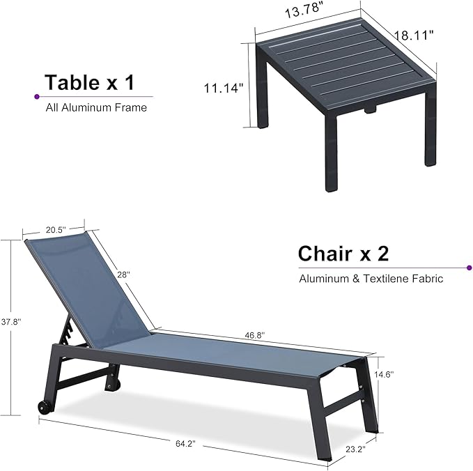 PURPLE LEAF Patio Chaise Lounge Set for 2 Outdoor Chaise Lounger Chair with Aluminum Frame and Easy-to-Move Wheels Pool Lounge Chairs for Deck Yard Poolside Table Included, Indigo