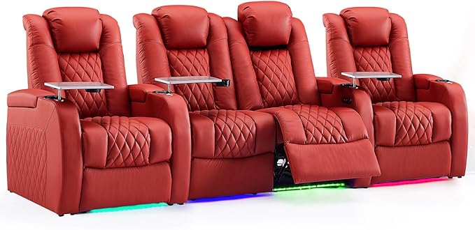 Weilianda Home Theater Seating Top Grain Leather Zero Gravity Recliner Chair Power Headrest Recline Movie Seat Gaming 7 Colors Mood Light Sofa with Tray Table USB Charge Row of 4 Loveseat Middle Red