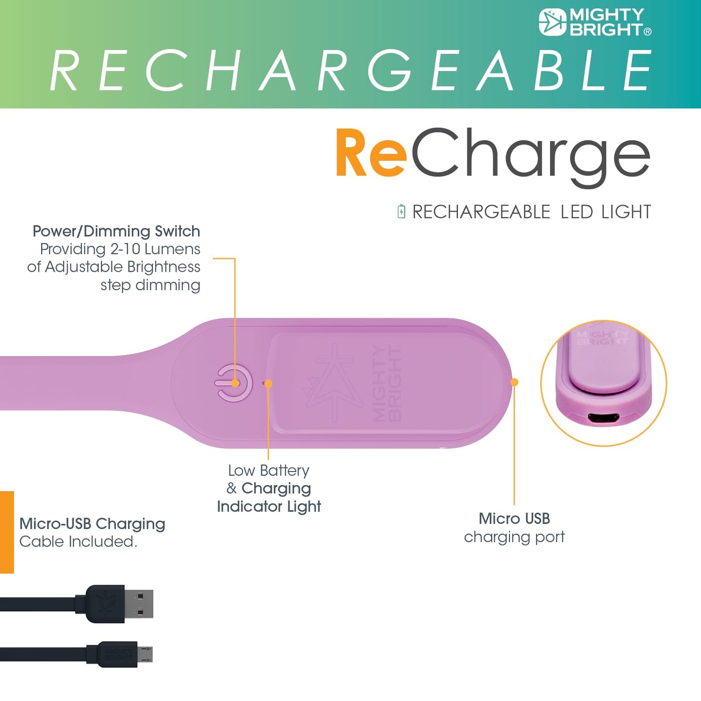 Mighty Bright The Original Recharge Clip On – USB Rechargeable Book Light – Warm LED Reading Lamp – Flexible, Dimmable, Lasts Up to 60 Hours a Charge (Lavender)