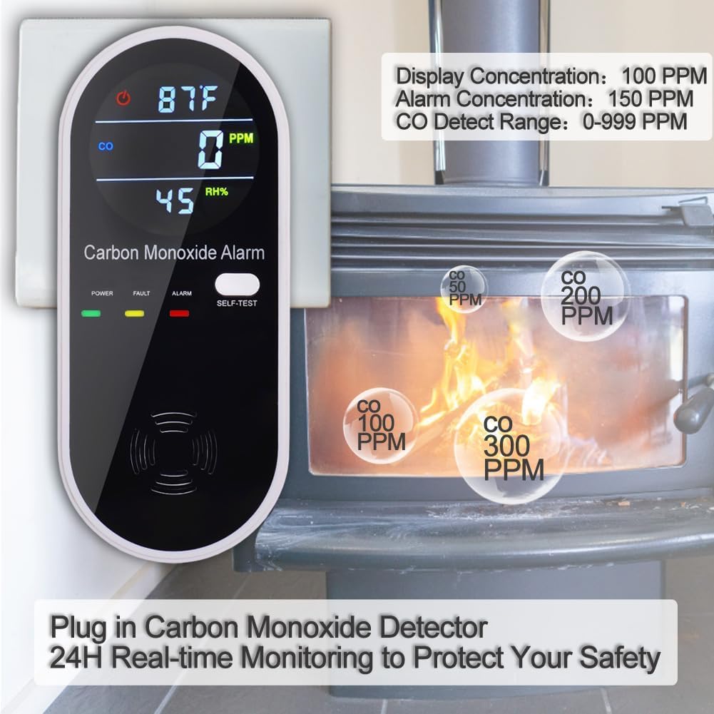 3-in-1 Carbon Monoxide Detectors, Portable Carbon Monoxide Detector for Travel with Temperature & Humidity Display, Carbon Monoxide Detector Plug in Wall for Home/RV, Accurate & Easy to Install 3