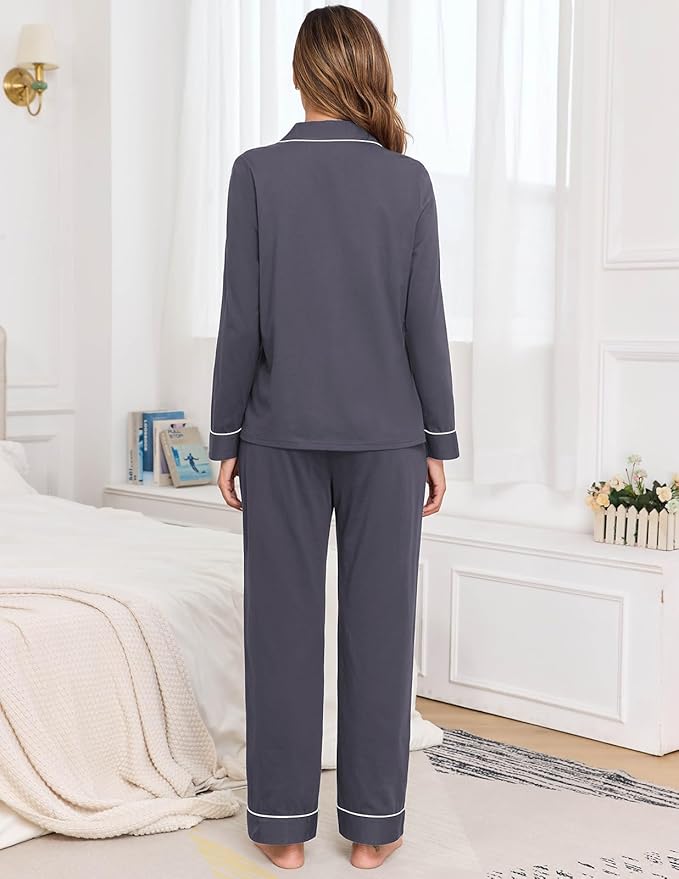 Veseacky 100% Cotton Pajamas for Women Set Long Sleeve Button Down Sleepwear Soft Pjs Lounge Sets with Pockets XS-XXL