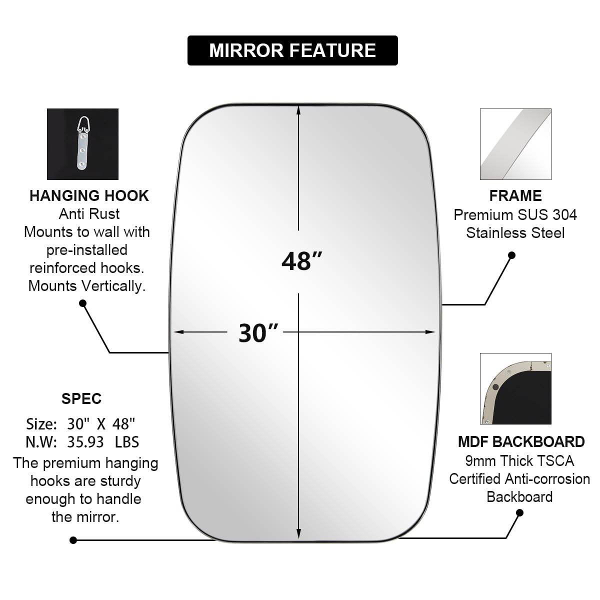 ANDY STAR Chrome Bathroom Mirror, 30x48 Inch Polished Chrome Oval Mirror for Bathroom with Stainless Steel Metal Frame, Oblong Mirror for Bathroom, Living Room, Entryway