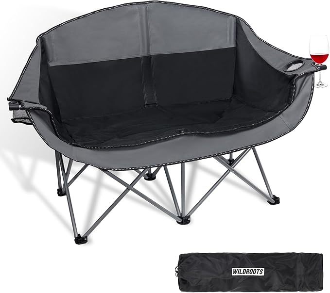 WILDROOTS Outdoor Folding Double Camping Chair Adults 2 Person,Heavy Duty 600 LBS Loveseat with 2 Cup Holder,Portable Carr...