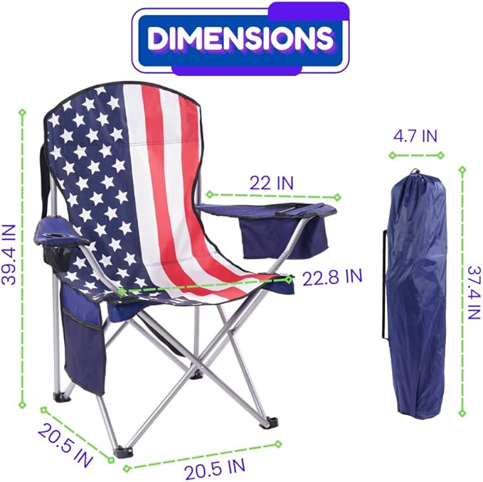 EZONE 2-Pack Camping Chairs with Built-in Ice Cooler, Portable Chair, Storage Pocket, Cup Holder, and Carry Bag Perfect for Camping, Tailgating, Fishing, Beach, and Lawn (2, Flag)