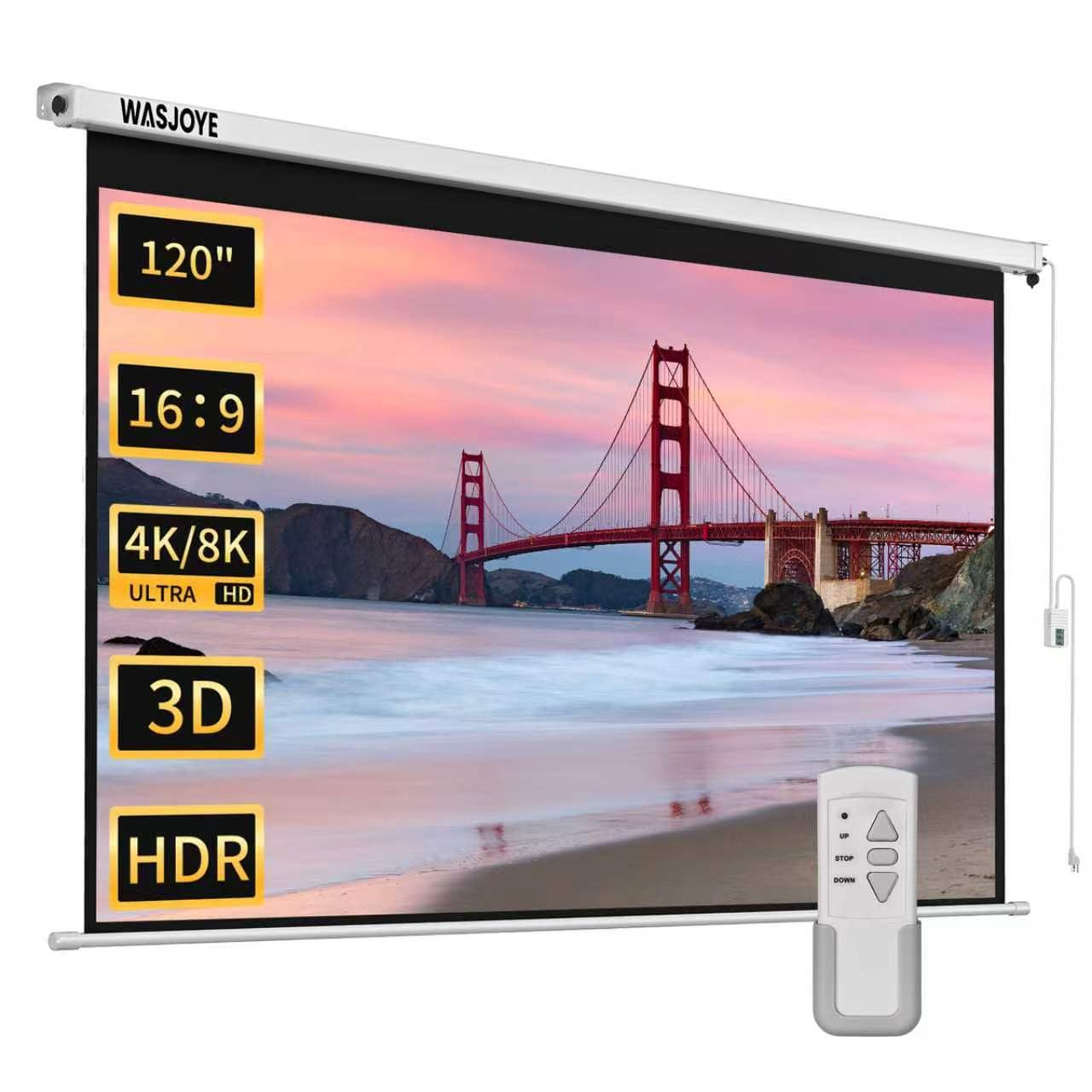 WASJOYE Motorised Projector Screen 120" - 16:9 Electric Projector Screen Wall/Ceiling Mount with Remote Control - 8K HD Projection Screen Dual Side Power Supply for Home Theater Office TV Game