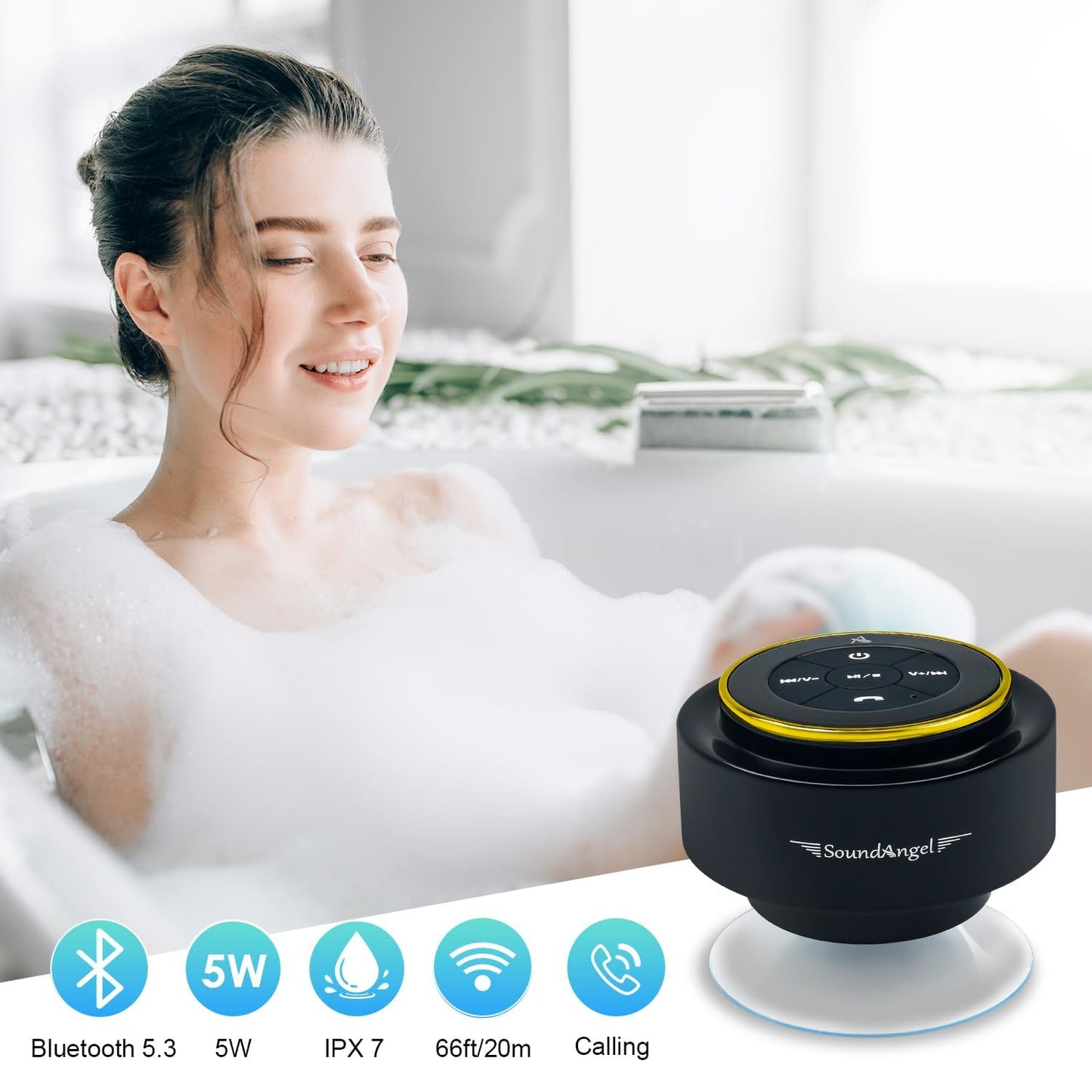 XLeader, Upgraded, Pro Shower Speaker, Certified IPX7 Waterproof Bluetooth Speaker, with Suction cup and Hook clip, Built-in Mic, Crystal Sound & Rich Bass, 12H Playtime, Ideal Gifts - SoundAngel Mate