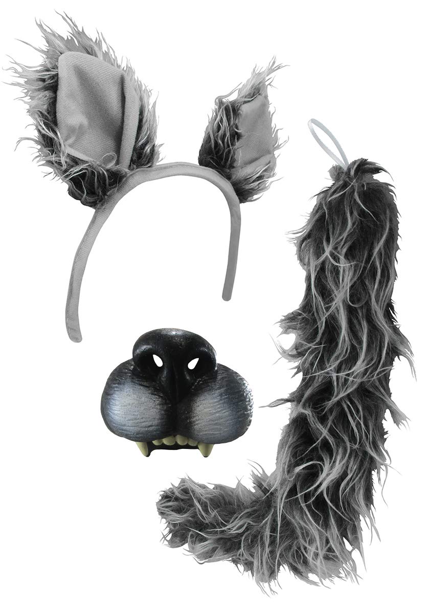 Nicky Bigs Novelties Gray Werewolf Costume Kit Big Bad Wolf Ears Headband Tail and Nose Mask Set Faux Fur Halloween Cosplay Accessory for Adults One Size Fits Most