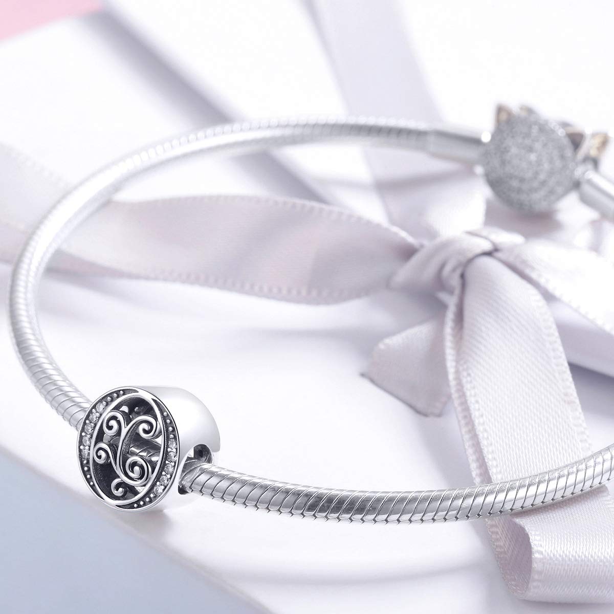 BISAER 925 Sterling Silver Initial Letter O Charms for Bracelets Alphabet Beads Charm Jewelry Gifts