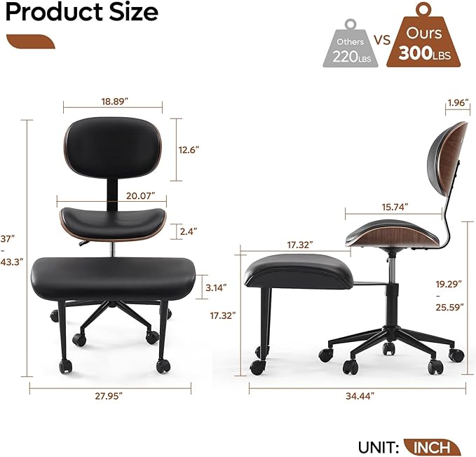 Bestier Cross Legged Office Chair with Wider Bentwood Back Support, Ergonomic Meditation Office Chair for Adults up to 300 lbs, 360° Swivel Adjustable Height for Multi Position Black