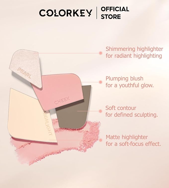 COLORKEY 3D Sculpting Contour Palette, 4-Color, High Capacity, Highlighter, Blush, Shadow, Translucent, Youthful Glow, Long-Lasting, Fine Texture (02)