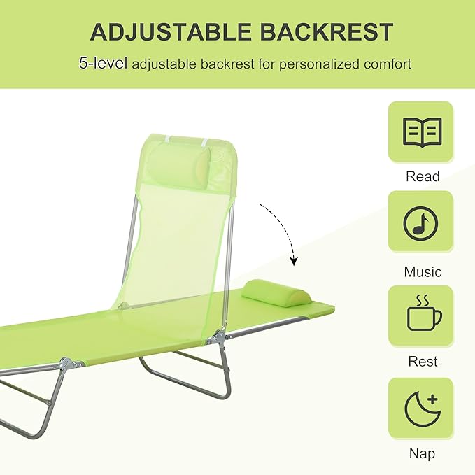Outsunny Folding Chaise Lounge Pool Chairs, Outdoor Sun Tanning Chairs with Pillow, Reclining Back, Steel Frame & Breathable Mesh for Beach, Yard, Patio, Green