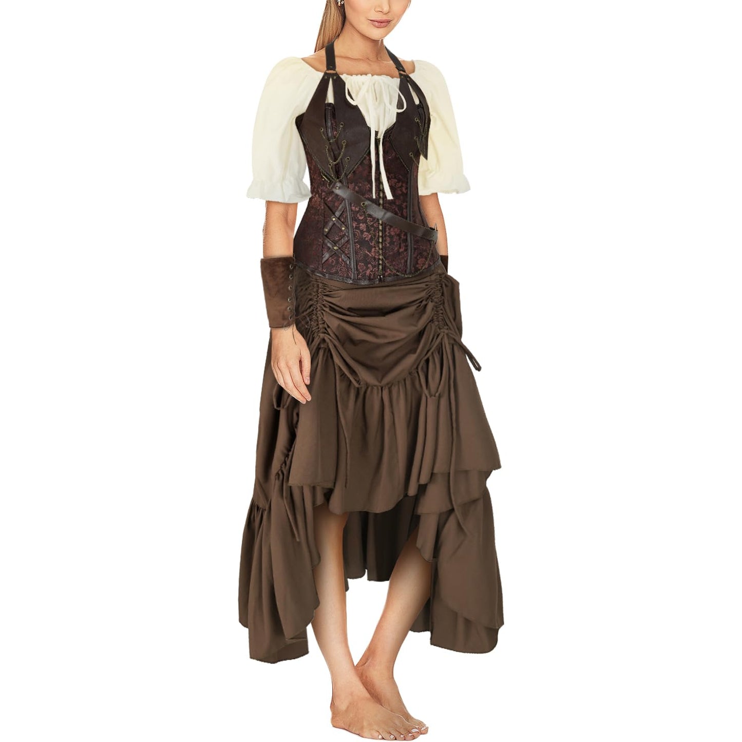 TEYHUI 4 pcs Viking pirate Renaissance costumes for women steampunk costume Halloween victorian costumes(Z3759BN,L)