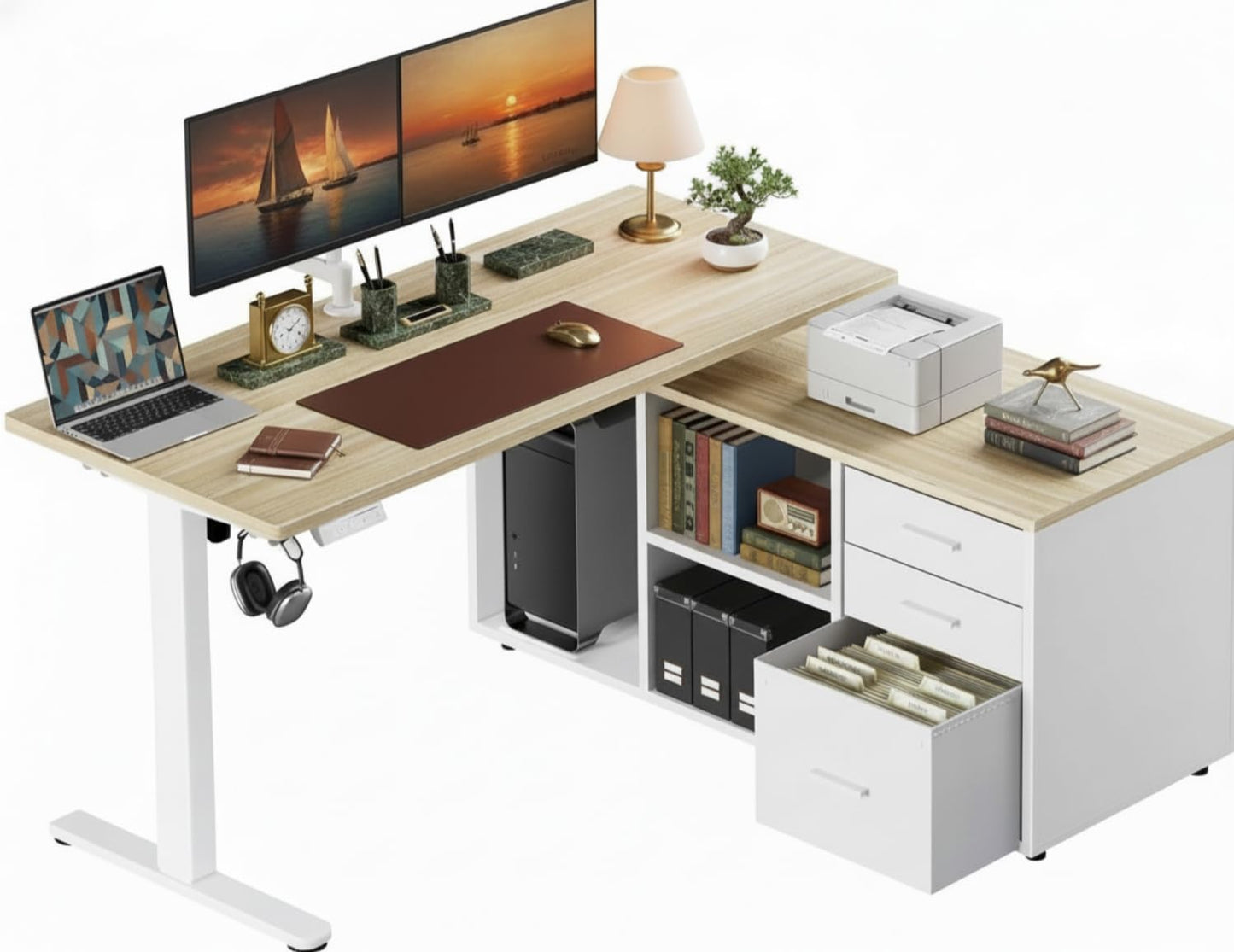 Marsail L-Shaped Executive Standing Desk with File Cabinet, 55" x 24" Electric Height Adjustable Stand up Desk, One-Whole Piece Desktop, Home Office Modern Computer Deskwith 4 Memory Presets