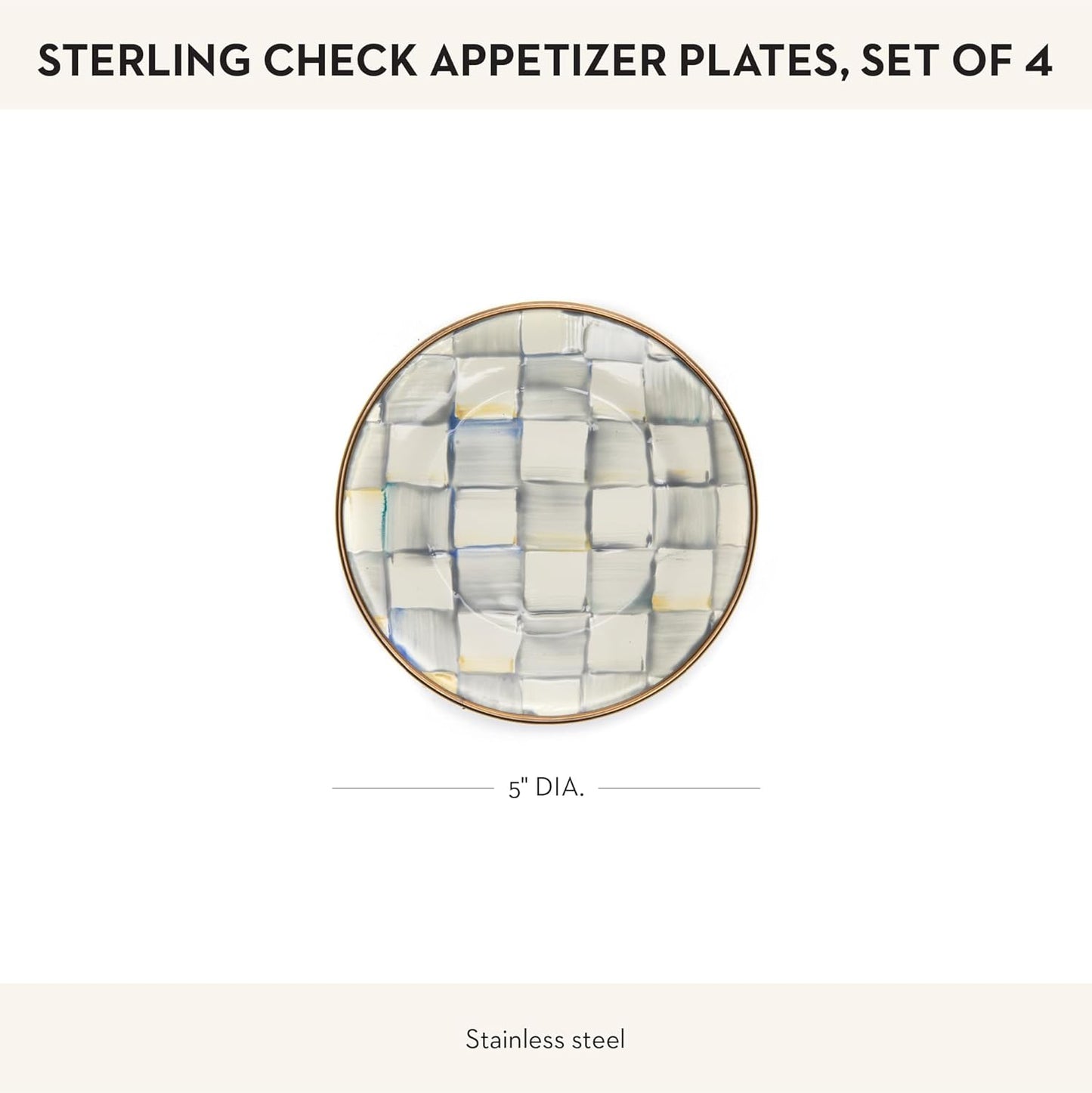 MACKENZIE-CHILDS Set of 4 Enamel Appetizer Plates, Mini Dessert Plates, 5 Inches, Gray-and-White Sterling Check