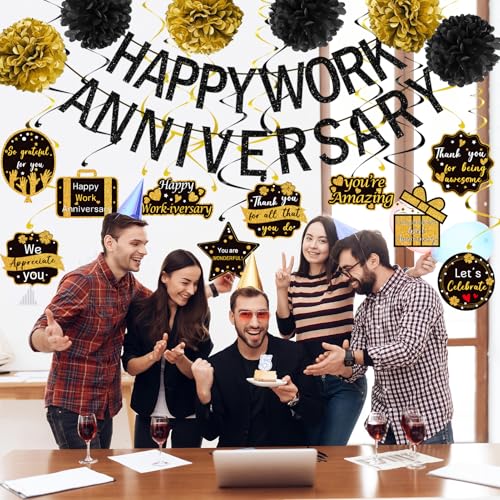 Tintisfafa Happy Work Anniversary Decorations Black Gold, Happy Anniversary Banner for Employee, Work Anniversary Workiver...