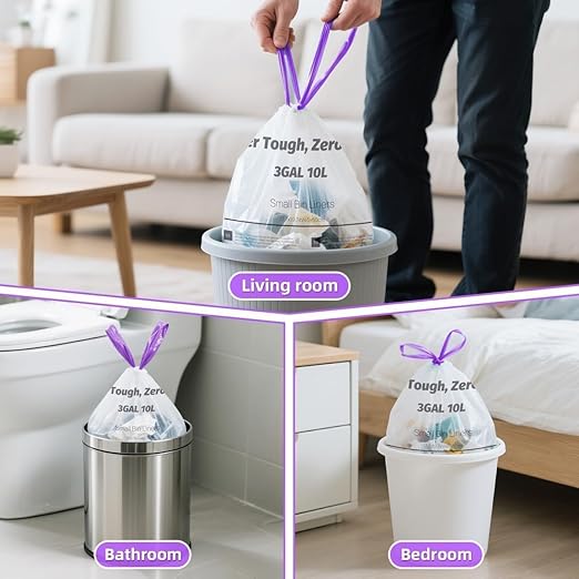 OKKEAI 3 Gallon Small Mini Trash Bags with 64 Count Drawstring Trash Bags Leak Proof Tear Resistant Bathroom Kitchen Office Garbage Bags Heavy Duty Liners Easy to Tie and Dispose