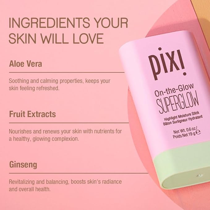 Pixi On-the-Glow SuperGlow | Shade PetalDew | Hydrating Highlighter Stick with Ginseng, Aloe Vera & Fruit Extracts | For Cheeks & Brow Bones | 19g / 0.6oz | Paraben-Free Luminous Natural Highlight