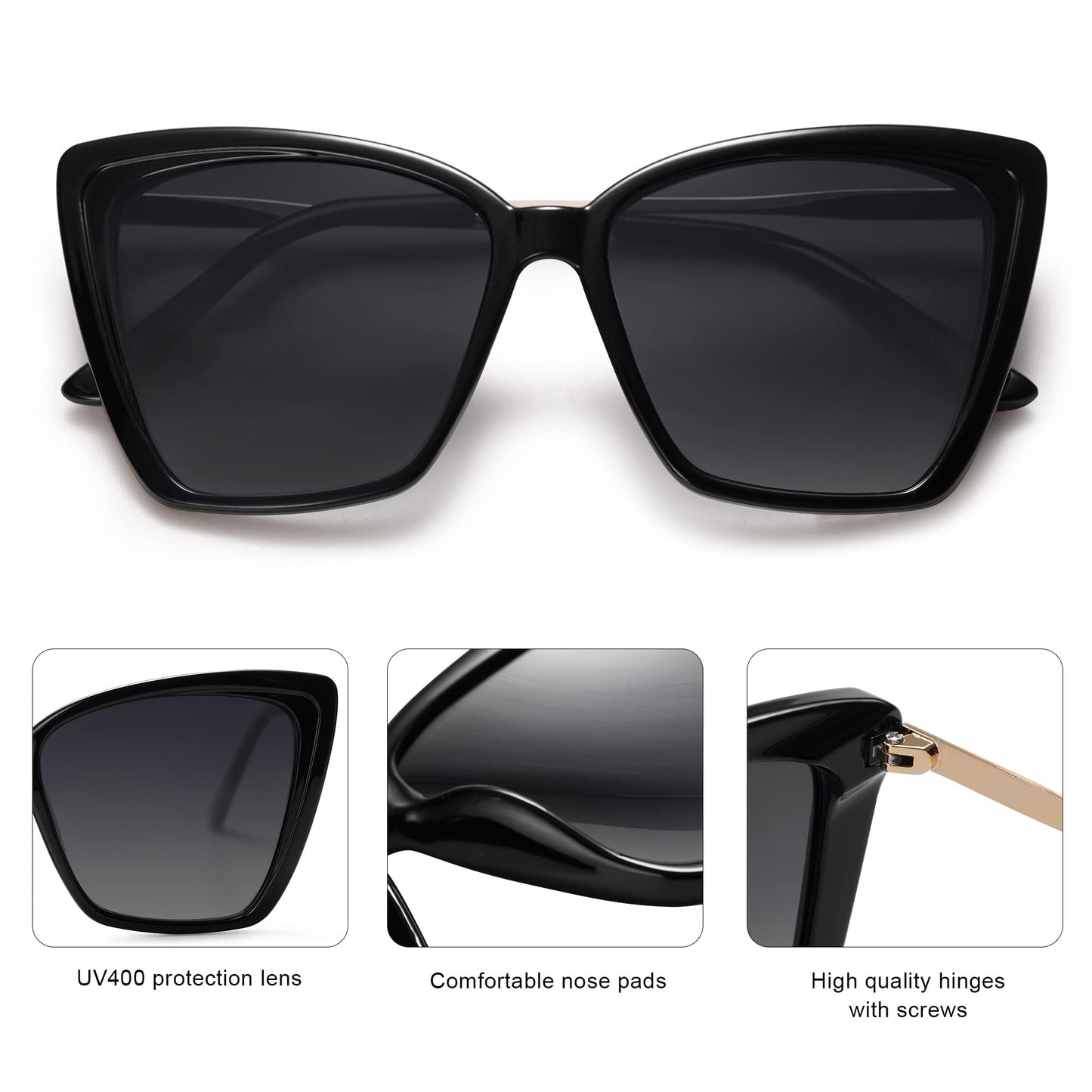 SOJOS Trendy Polarized Sunglasses For Women Retro Womens Oversized Square Cat Eye Sun Glasses UV Protection SJ2206 Black Frame/Grey Grading Lens