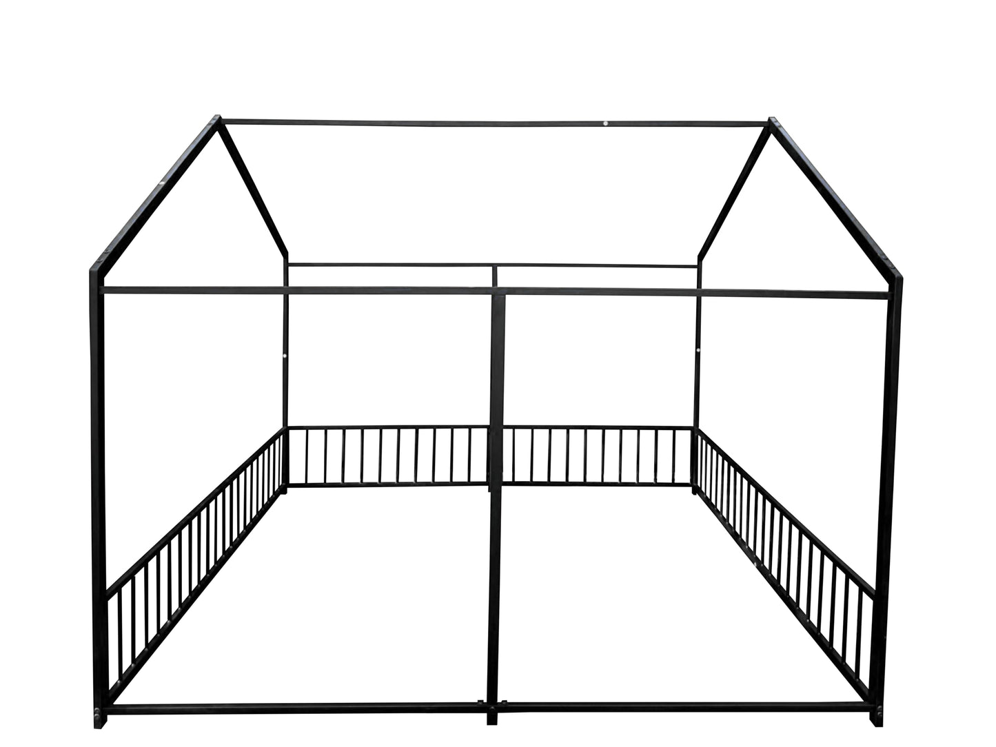 PVWIIK Double Montessori Floor Bed with Fence & Roof for Two Kids Teens Boys Girls,Twin Floor Bed,Easy Assemble,No Box Spring Needed, Black