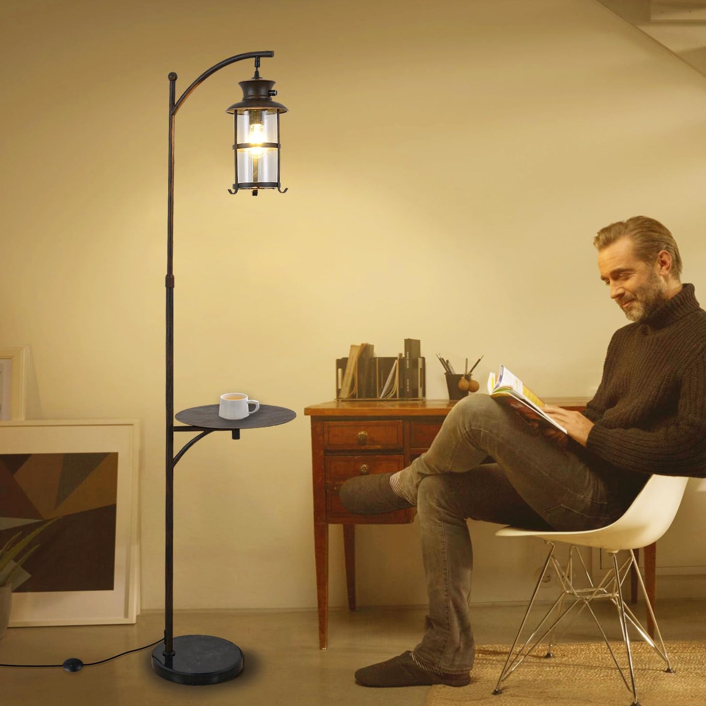 beaysyty Farmhouse Retro Adjustable Floor Lamps with Tray Lantern Tall Standing lamp for Bedroom Home Decor for Office Living Room Bedroom, Knob Switch (Rust)