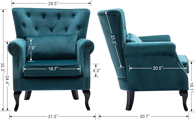 chairus Mid-Century Modern Accent Chair Comfy Tufted Single Sofa Chair Wingback Armchair with Pillow for Club, Living Room, Bedroom - Velvet, Teal