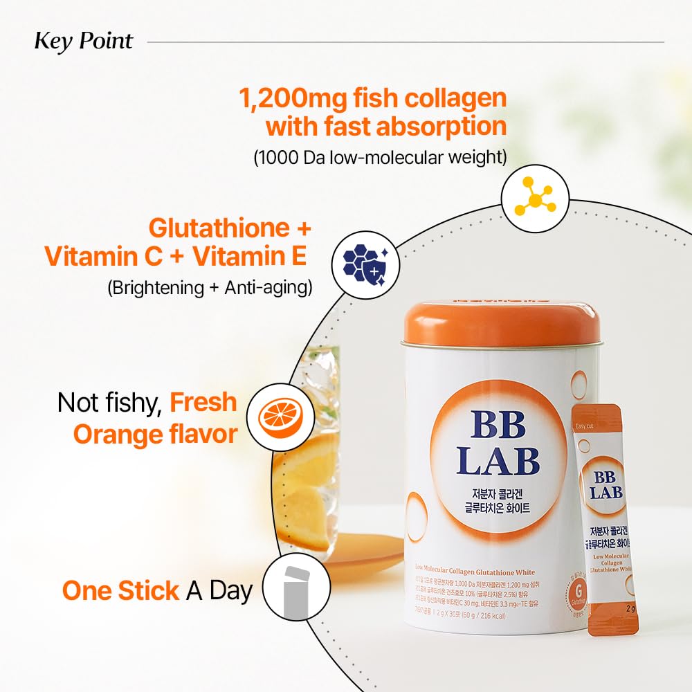 BB LAB Collagen Glutathione White, Low Molecular Korean Stick Supplement, Fish Peptides, Vitamin C, Vitamin E, Glutathione, Fast abosorption, Orange Flavor
