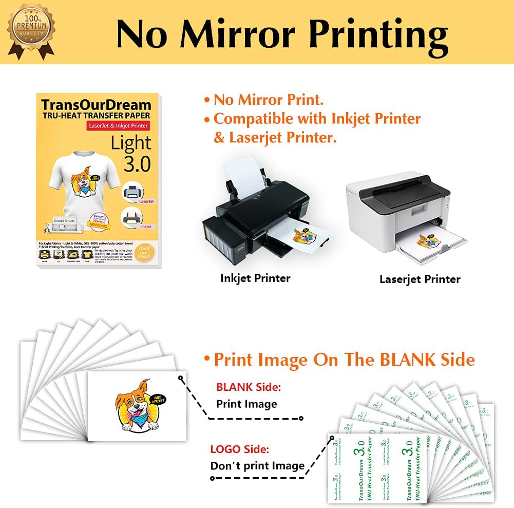 TransOurDream Tru-Heat Transfer Paper for Inkjet & Laserjet Printer (100 Sheets 8.5x11", 3.0) Printable HTV Heat Transfer Vinyl for T Shirts Iron On transfers for Light Fabrics (TRANS-L3-1-100)