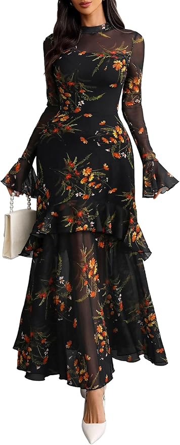 GothDark Womens Floral Maxi Dress Sheer Mesh Bell Sleeve Tiered Ruffle Gothic Romantic Casual Long Dresses