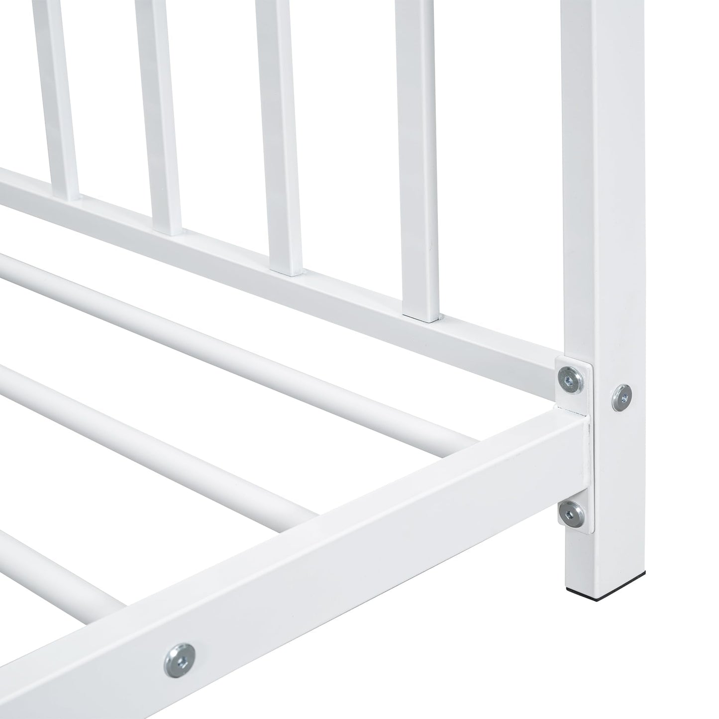 Twin Size Kids Montessori Floor Bed,House Bed Frame with High Headboard,Twin Floor Bed with Roof for Boys Girls,Floor Bed Metal Frame (White)