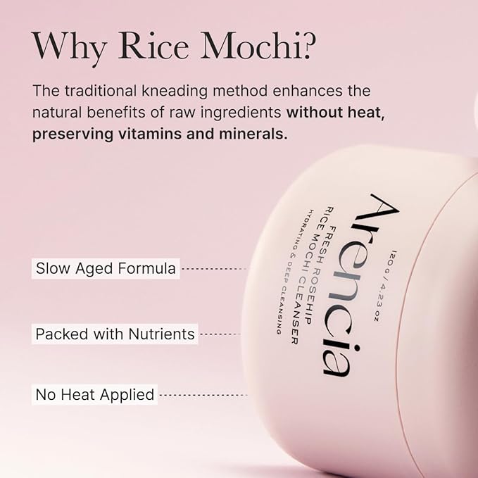 Arencia Rosehip Brightening Rice Mochi Face Cleanser & Daily Scrub - Moisturizing, Exfoliating & Deep-Cleansing - All Skin Types with Rice Powder & Rice Water (1.76oz)