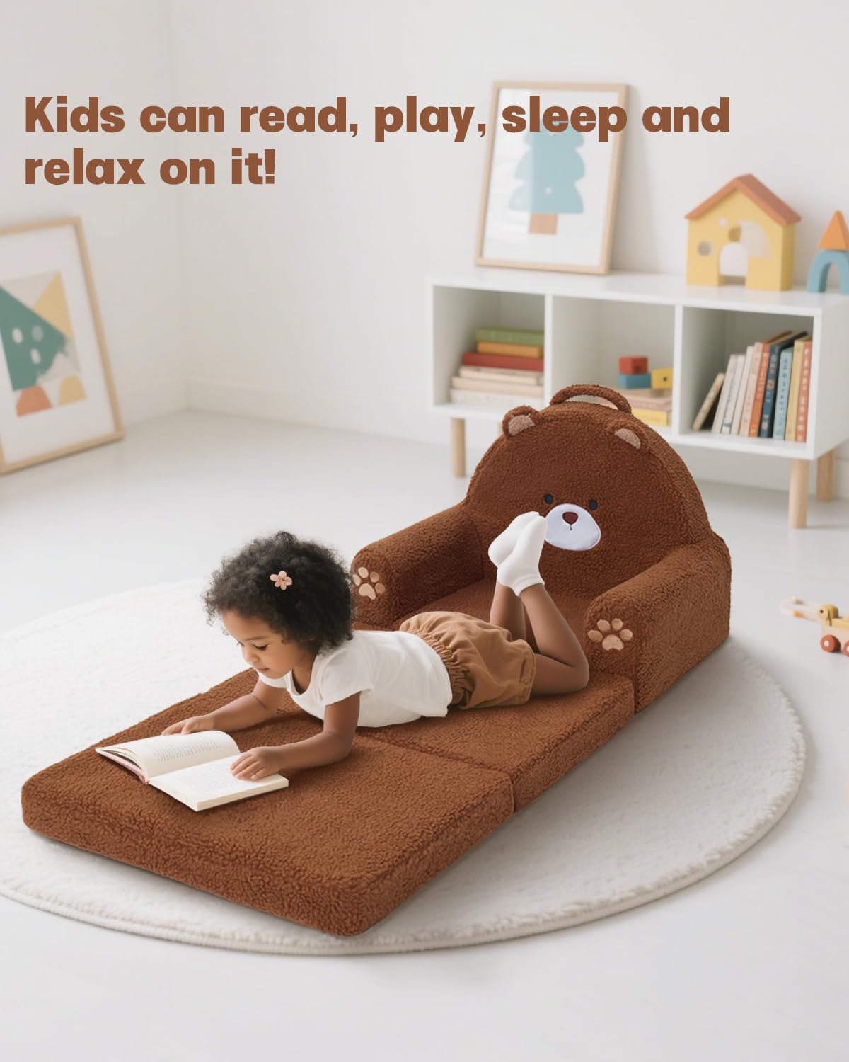 MOONBEEKI 2-in-1 Foldable Toddler Couch – Soft Sherpa Sofa Chair for Kids Ages 1–3, Brown Bear, Medium