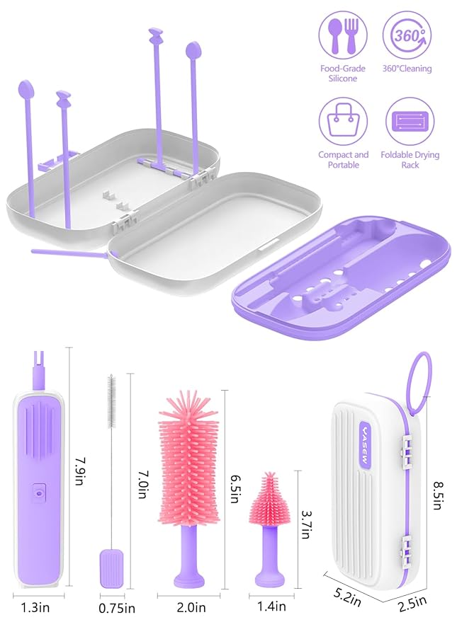 Electric Bottle Brush Cleaner, Baby Bottle Brush Travel Set, 360° Efficient Cleaning, Durable 2000 mAh Battery, Travel Bottle Brush Set with Drainage Rack and Storage Box, Baby Travel Essential