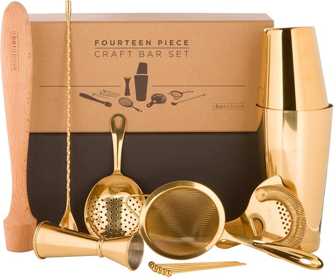 A Bar Above 14-Piece Gold Bartender Kit, Premium Gold-Plated Stainless Steel Barware Gift Set for Home and Professional Us...
