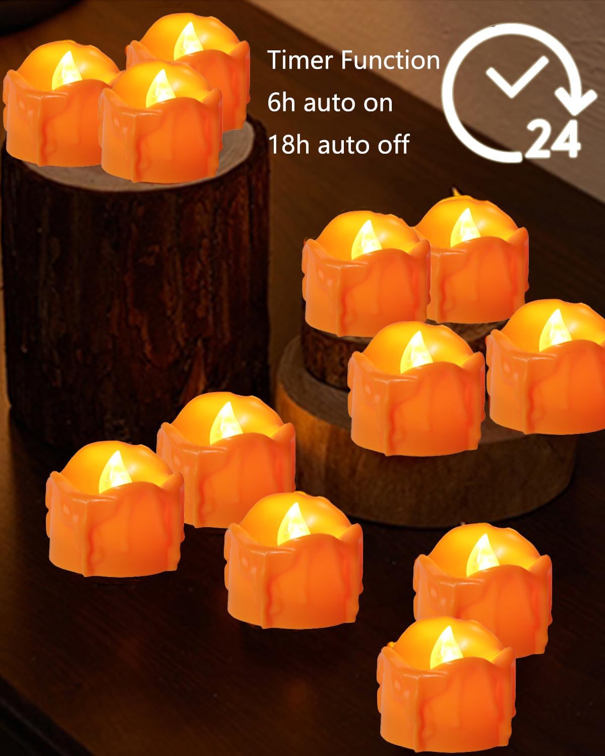 ONEIHOMM Halloween Orange Timer Tealights, Flameless Flickering Melting Candles Battery Operated, Fall Tea Lights for Gothic Wedding Home Decor (12PCS)