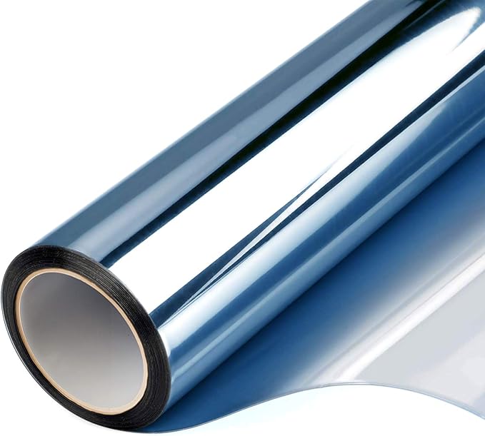 Filmgoo Window Privacy Film One Way Daytime Mirror Tint Treatments UV Heat Control Vinyl Stickers Sun Block Glass Paper Door Covering Reflective 23.6 Inch x 32.8 Feet Blue Silver