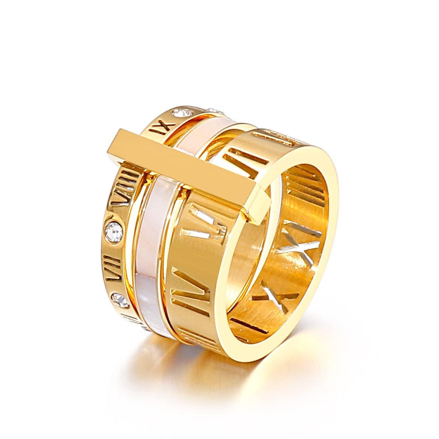 Jarlinwel Stainless Steel CZ Zirconia Roman Numeral Ring For Women Stacking Thumb 3 in 1 Spinner Rings (Gold Shell-Inlaid, 10 Ru