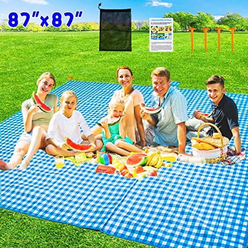 Extra Large Picnic Blanket Waterproof for Outdoors,87"×87" Gingham Blanket Foldable Giant Picnic Mat for Pack Grass Sandpr...