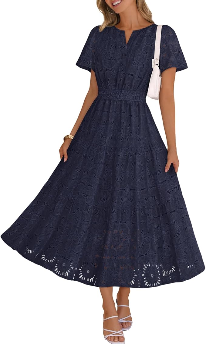 MEROKEETY Women's Spring Summer Floral Maxi Dress 2026 Boho Eyelet Hollow Out Lace Short Sleeve A Line Tiered Flowy Dresses