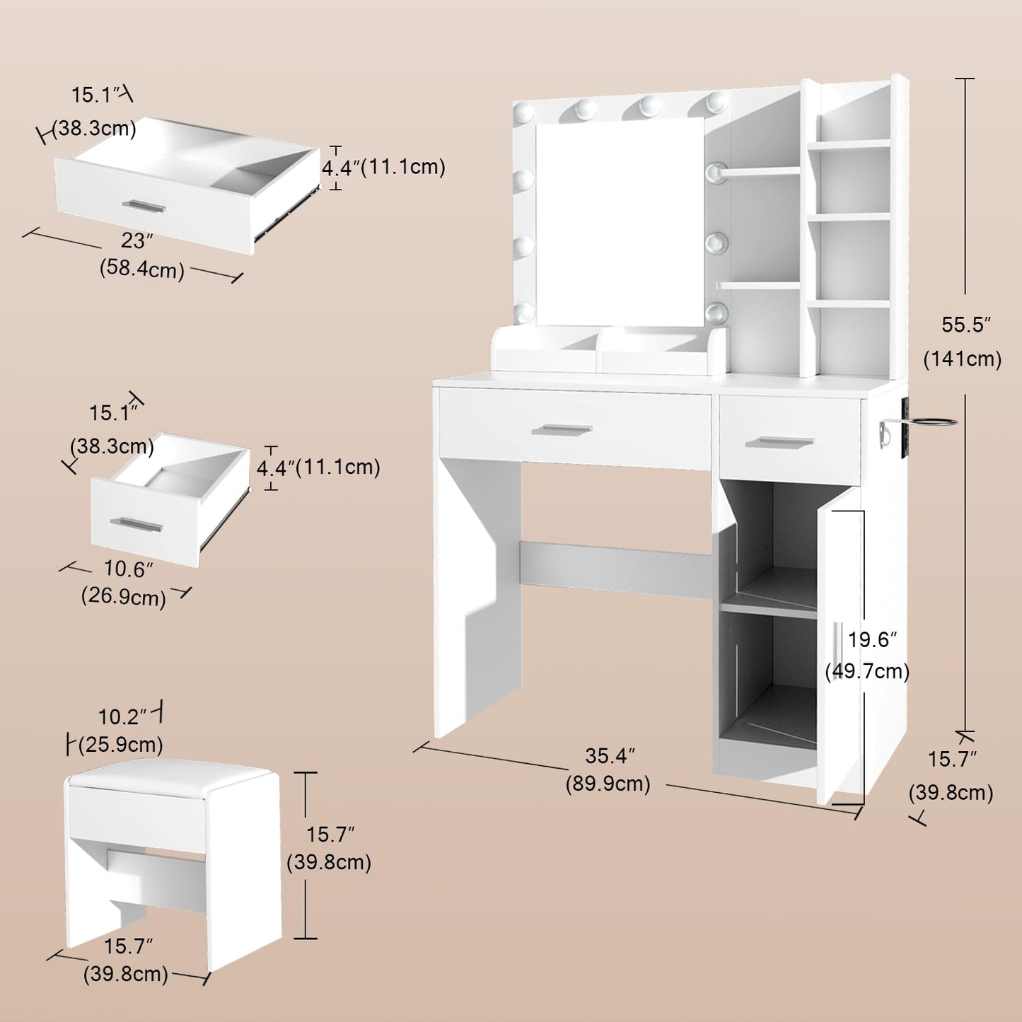 OPENAIRCOMFORT Vanity Mirror with Lights Desk and Chair: Make up Vanity with Mirror and Lights, Vanity Dresser with Drawers and Stool, for Bedroom Dressing Room (White)