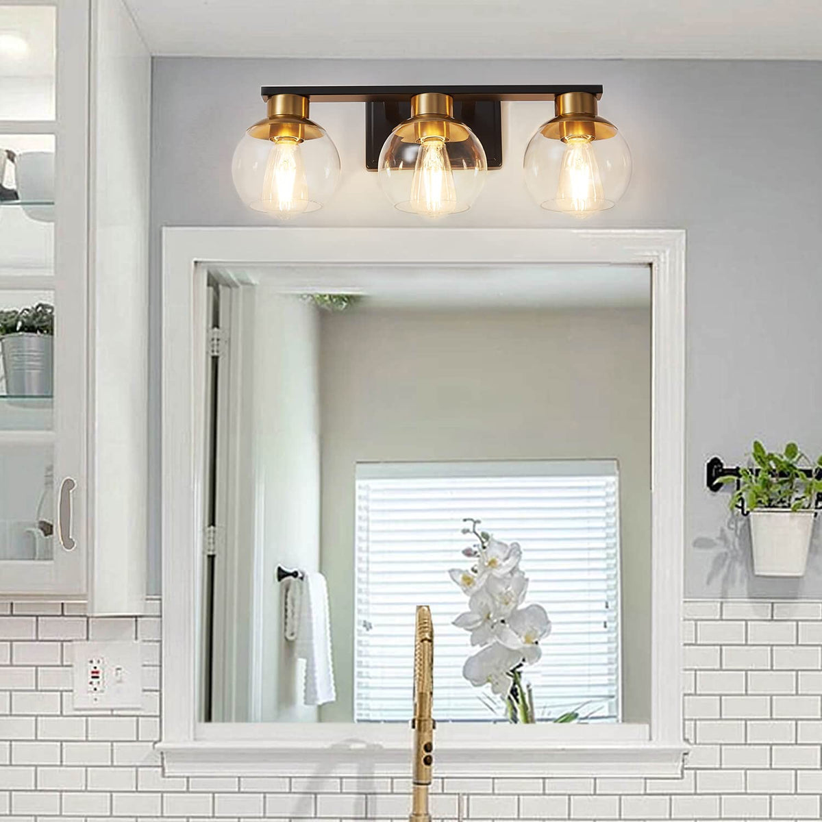 PAZALA 3-Light Bathroom Vanity Lights, Black and Gold Bathroom Light Fixtures Over Mirror with Globe Glass Shade, 22in Modern Wall Sconce for Bathr Mirror Bedroom Hallway, E26 Base(Bulbs Not Included)