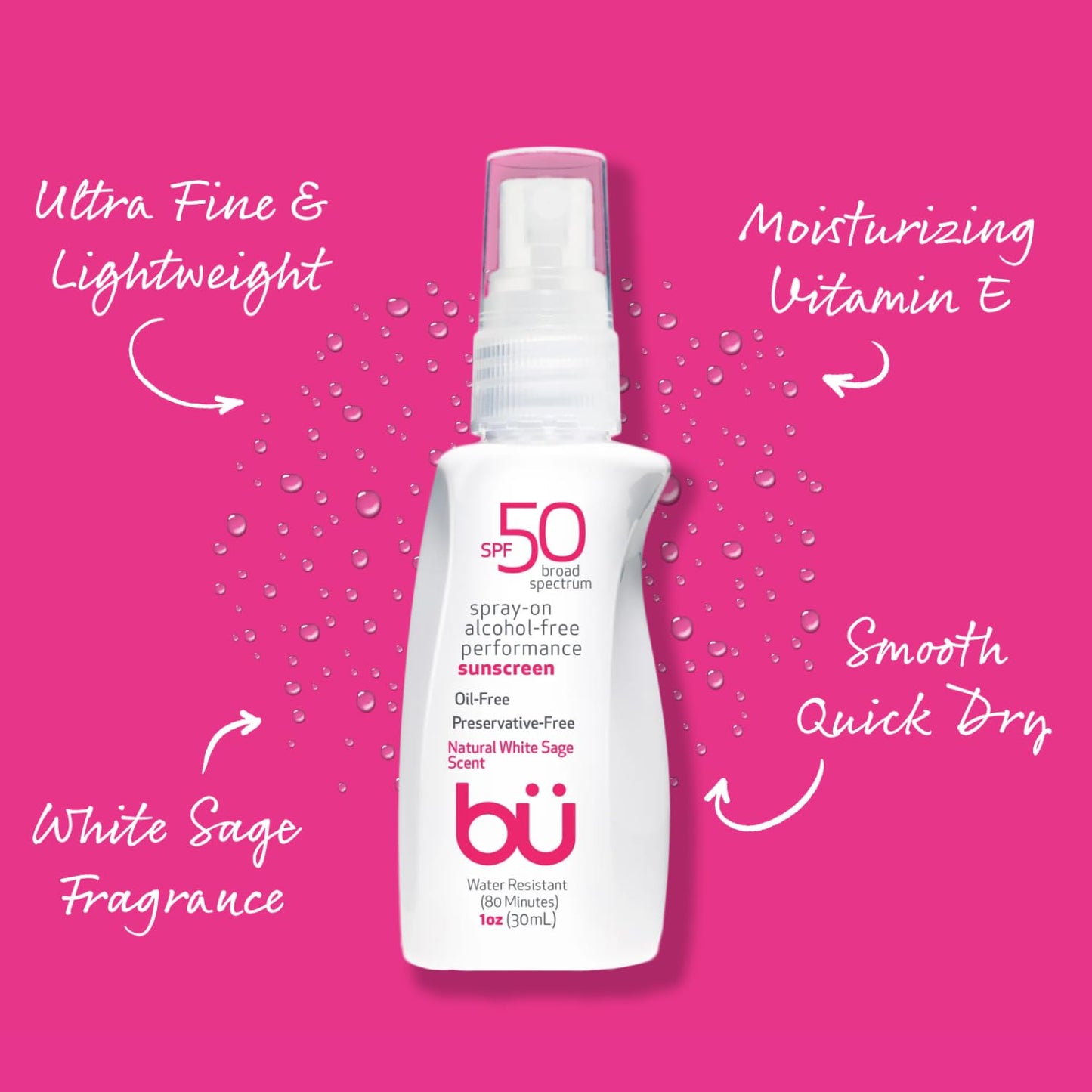 BU SPF 30 Sunscreen Spray for Face and Body, Non Aerosol Spray, Clear WOWmist, TSA Travel Size Sunblock, Oil Free and Water Resi