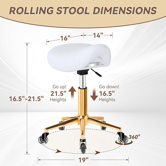 Saddle Stool with Wheels Ergonomic - Thick Wide Saddle Cushion, Healthy Posture No Pain, Easy to Adjust, Smooth Rolling No Creaky Noises, Rolling Swivel Saddle Stool Chair for Salon Massage (White)