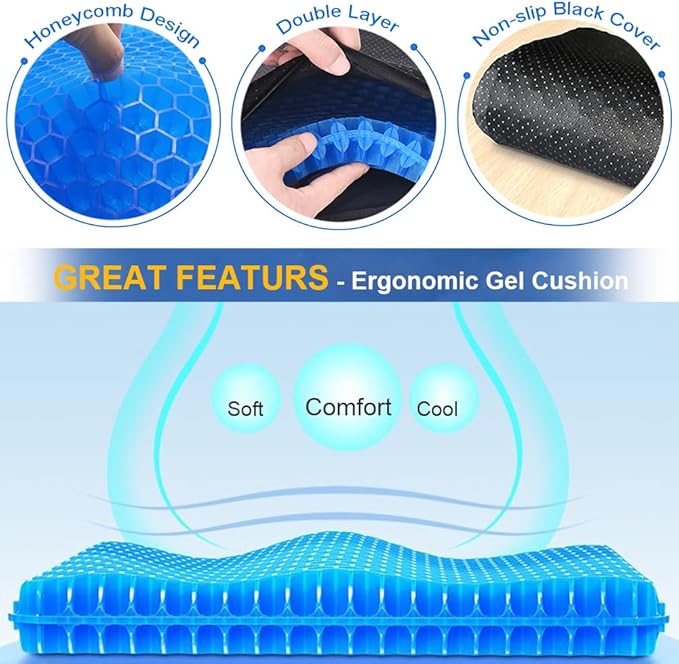 Helishy Gel Seat Cushion, Super Large Gel Cushion Chair Pads with Non-Slip Cover for Home Office Car Seat Wheelchair, Soft Breathable Honeycomb Seat Cushion for Relieve Hip Pain, As Seen On TV
