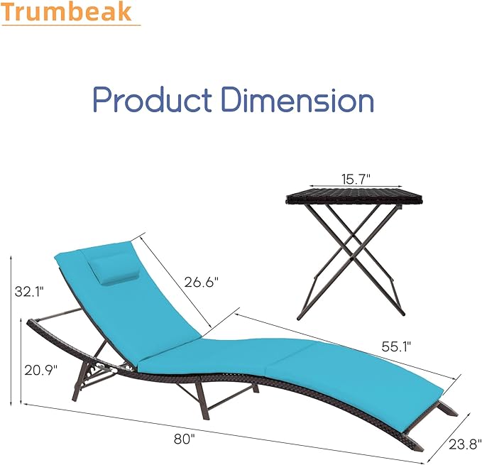 Trumbeak Patio Chaise Lounge Set 3 Pieces Pool Lounge Chairs,Cushioned Outdoor Folding Lounge Chair w/Rattan Adjustable Backrest for Poolside Porch,Folding Table Included,Turquoise Blue