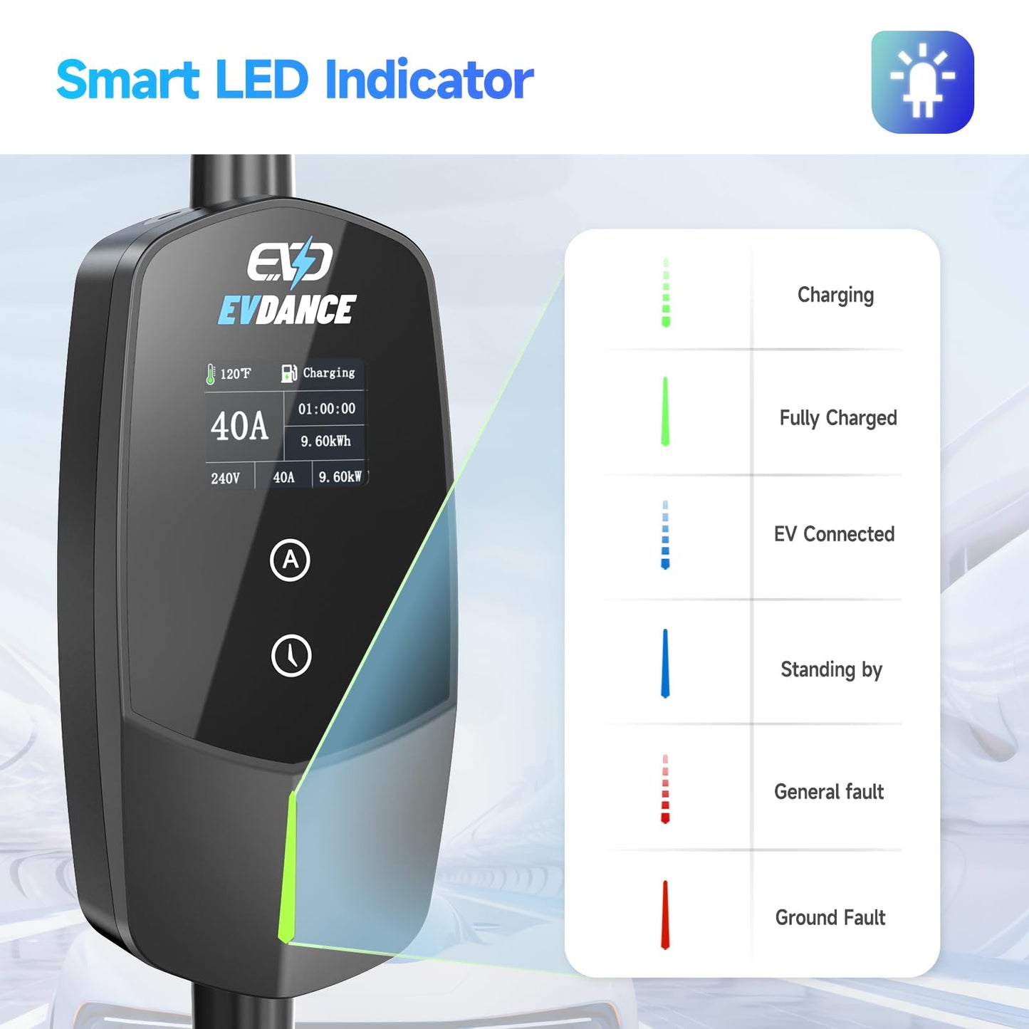 EVDANCE Level 2 EV Charger 40Amp, 240V 9.6KW Portable Electric Vehicle Charging Stations with NEMA 14-50P, 25FT Cable Adjustable Current/Timing Delay Home Electric Car Charger for J1772 BEVs/PHEVs